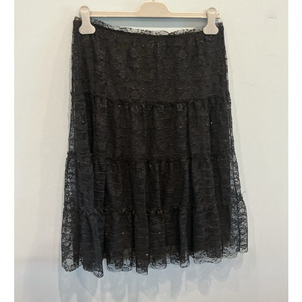 Vintage Womens Tiered Lace Skirt Size M Whimsigoth Romantic Goth Black Sequin